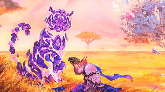 DnD Journeys Through The Radiant Citadel free chapter- a purple, jewelled tiger taking an offering from a kneeling figure, in a yellow field.