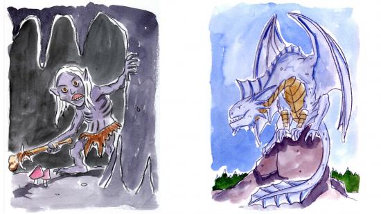 DnD Monster Manual Kids - a water colour drawing of a D&D silver dragon and grimlock