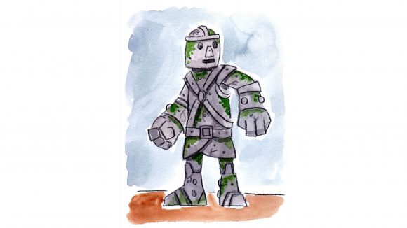 DnD Monster Manual Kids - a water colour drawing of a D&D stone golem.