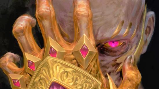 DnD Stranger Things Vecna 5e dossier - a close-up of arch-lich Vecna, covering one eye with a golden hand and staring at the viewer