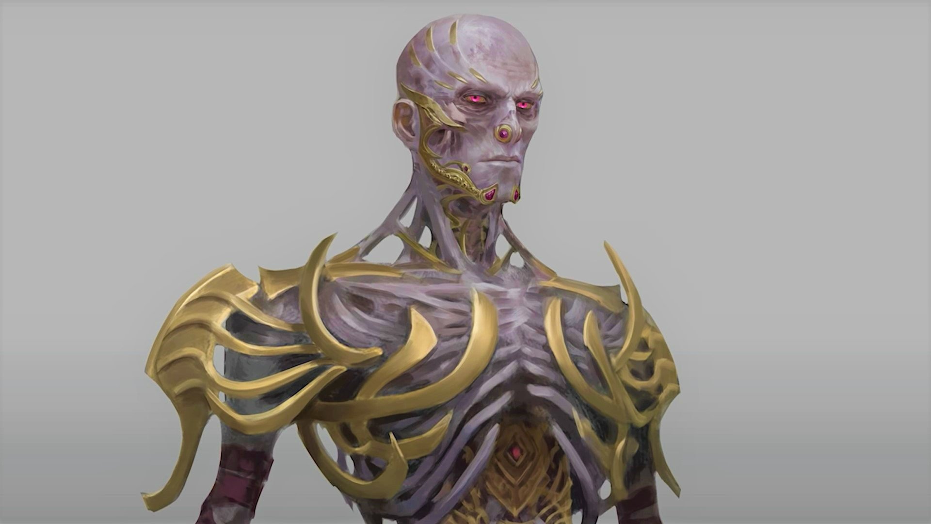 DnD Vecna - a shoulders-up illustration of Vecna, a bald, grey-skinned demi-lich wearing golden armour over his skeletal body