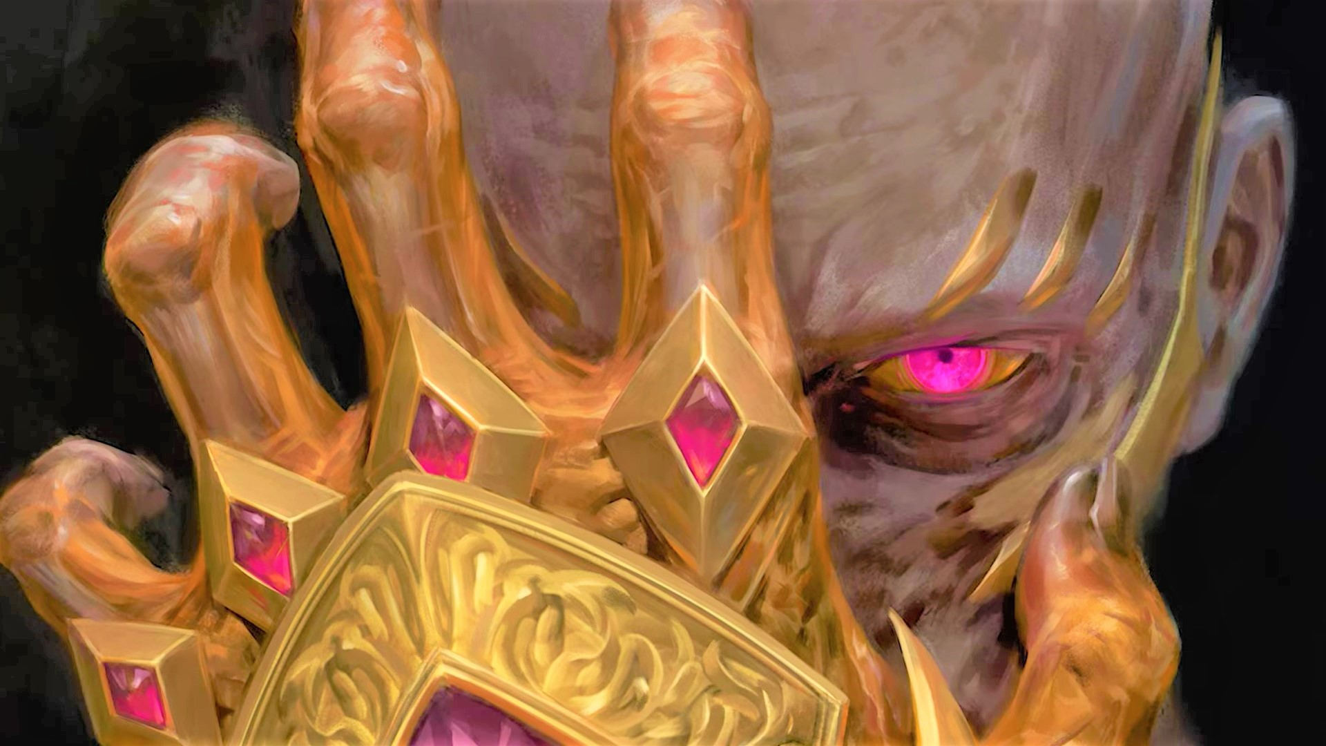DnD Vecna - A close-up of Vecna's eyes, one of which is concealed by a golden glove with purple gems on the knuckes