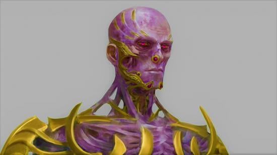 DnD Vecna - the head and neck of Vecna, a bald lich with grey-ish purple skin and golden armour on his skeletal shoulders