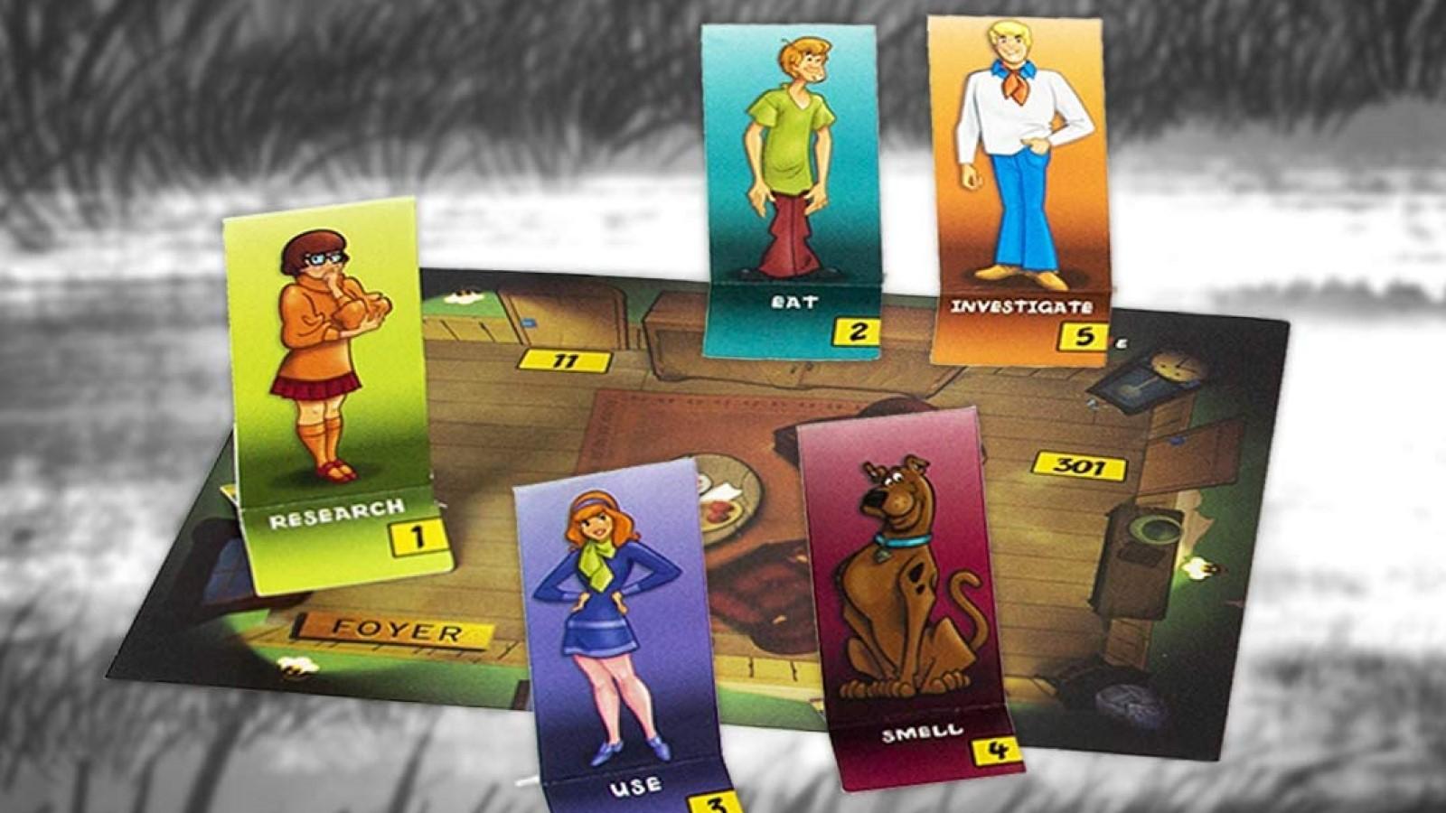 Escape Room Games - card standees showing the five main characters from Scooby-Doo (Scooby, Velma, Daphne, Fred, and Shaggy)