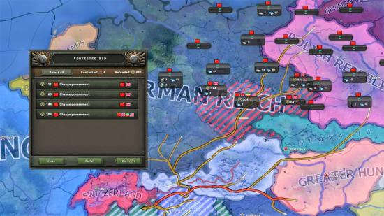 Hearts of Iron 4 DLC Blood Alone - a multicoloured map of Europe covered in red flags, with a 'contested bid' pop-up screen on top
