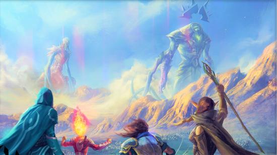 Magic the Gathering Mox Boarding House Union. MTG artwork showing members of the gatewatch teaming up to fight enormous eldrazi monsters.