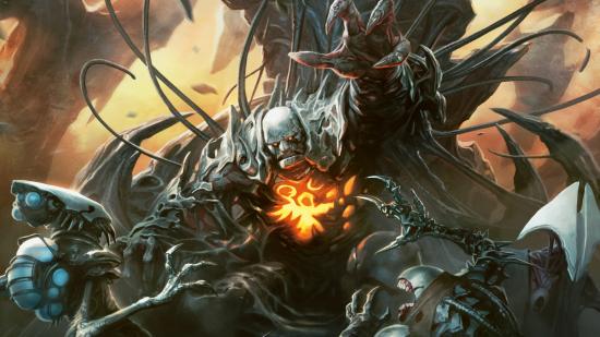 magic the gathering phyrexians: the planeswalker karn struggling against phyrexians