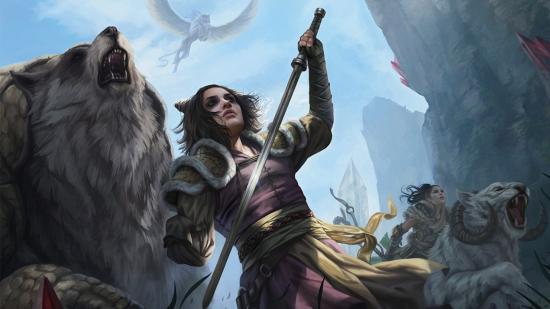 MTG Standard artwork for the card Winota showing a one-armed woman with a sword, standing in front of an enormous wolf.