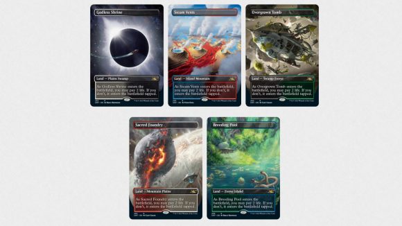 MTG Unfinity Shocklands of enemy colours with sci-fi artwork.