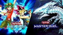 Play Yugioh online - master duel or duel links - compound image including the Konami logo key art for Master Duel and Duel Links