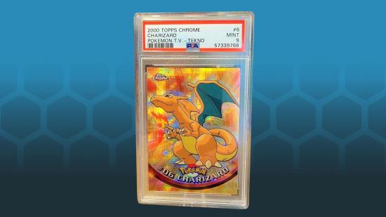 Pokemon TCG Charizard card price - a rare shiny Charizard Pokemon trading card on a blue hex background