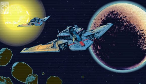 Starship Troopers Terran Command - grey triangular spaceships flying away from a sun