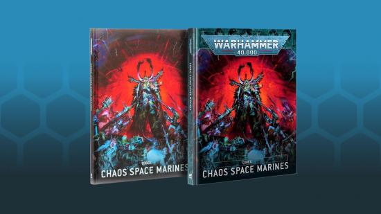 warhammer 40k chaos space marines codex pre order: Codex: Chaos Space Marines books on the Wargamer hex background.