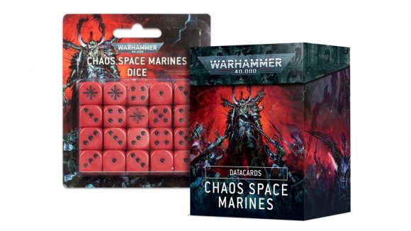 warhammer 40k chaos space marines codex preorder: datacards and dice matching the aesthetic of Warhammer's chaos space marines