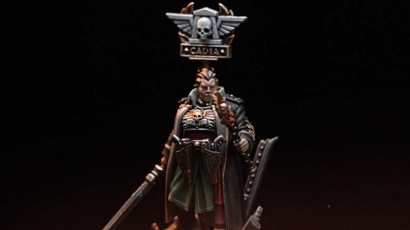 Warhammer 40k Imperial Guard models Ursula Creed- The new ursula creed model on a black background