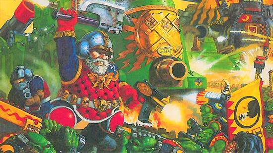warhammer 40k leagues of votann dwarfs - a sci-fi dwarf wielding a thunder axe attacking orks.