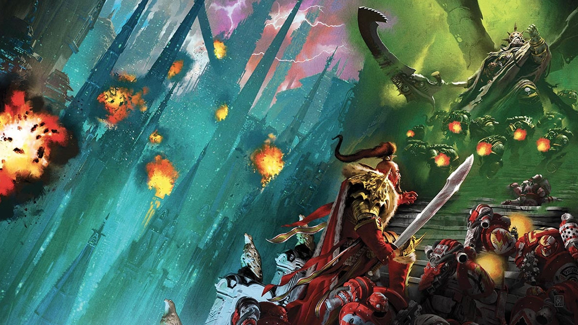 Warhammer 40k Mortarion Primarch guide - Games Workshop artwork showing Mortarion fighting Jaghatai Khan of the White Scars during the Horus Heresy