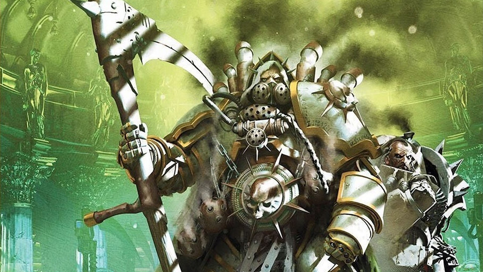 Warhammer 40k Mortarion Primarch guide - Games Workshop artwork from the cover of Black Library novel Buried Dagger, showing Mortarion and Callas Typhon