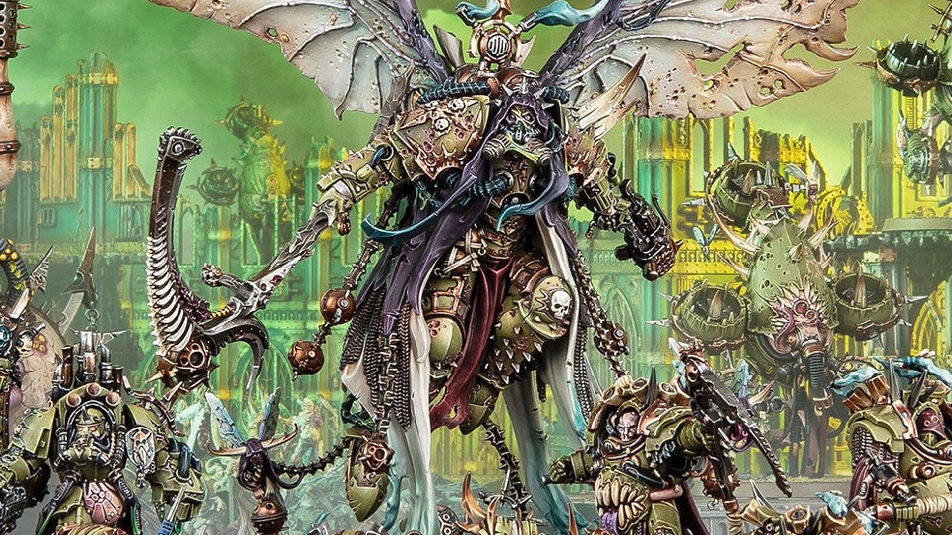 Warhammer 40k Mortarion Primarch guide - Games Workshop photo showing the new 40k Mortarion model fully painted at the head of Death Guard army