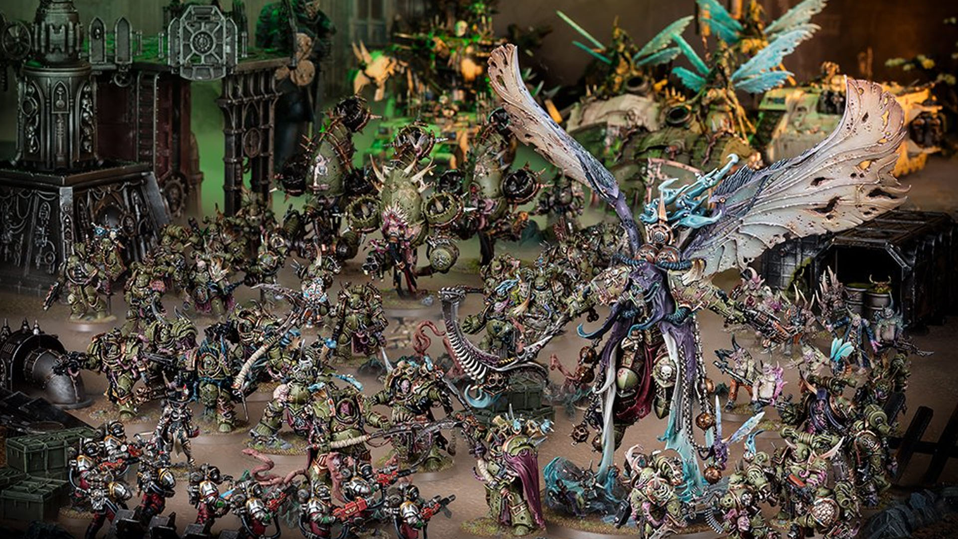 Warhammer 40k Mortarion Primarch guide - Games Workshop photo showing the new mortarion model at the head of a Death Guard army