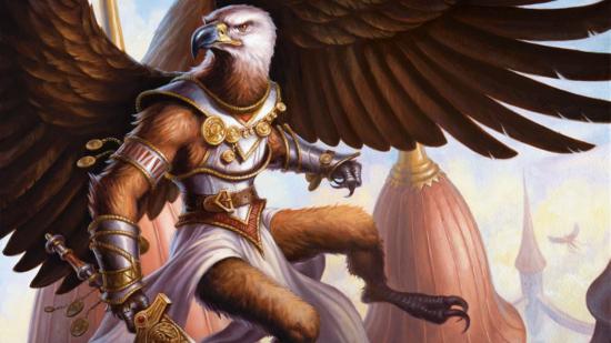 DnD Aarakocra 5E race guide - Wizards of the Coast artwork showing an eagle aarakocra rogue character