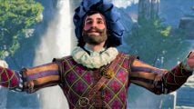 Baldur's Gate 3 Release date - a man in flamboyant medieval clothing with arms outstretched