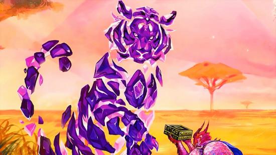A large tiger made of different purple gemstones lifts a paw towards a horned humanoid bowing before it and offering a golden box
