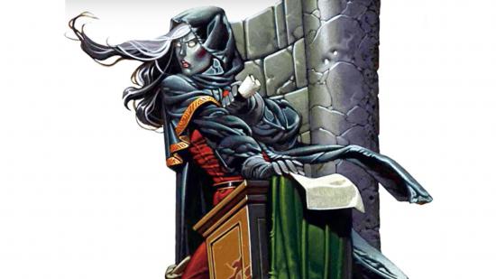 DnD changeling 5e with long white hair and a dark robe, standing on a speaker's platform and holding a scroll