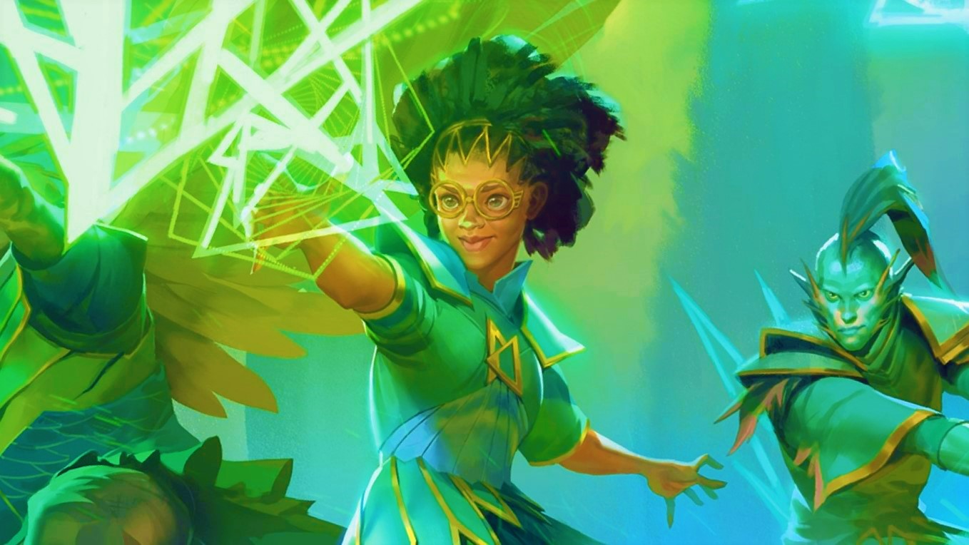 A young black girl with an afro, glasses, and a green wizard's uniform casts a glowing green spell
