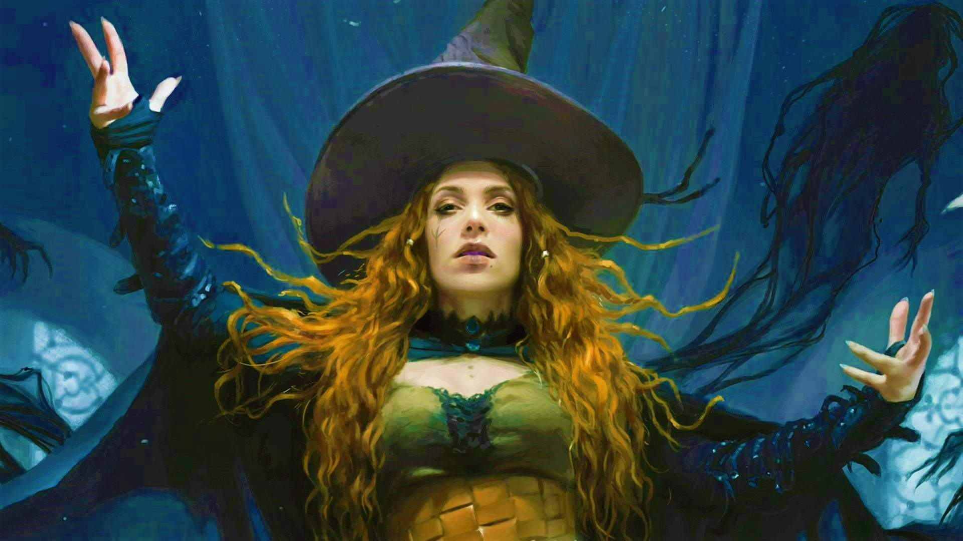 Tasha, a white, red-headed witch in a black hat and cloak, faces the viewer with outstretched arms in a spellcasting pose