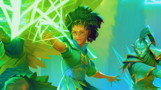 DnD Dispel Magic 5e - a young, black woman with an afro, glasses, and green mage robes casts a green spell with her right hand