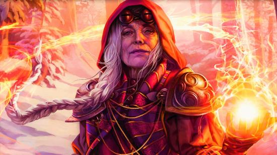 DnD fireball 5e - an old woman in a red wood holds a glowing a ball of fire in her left hand