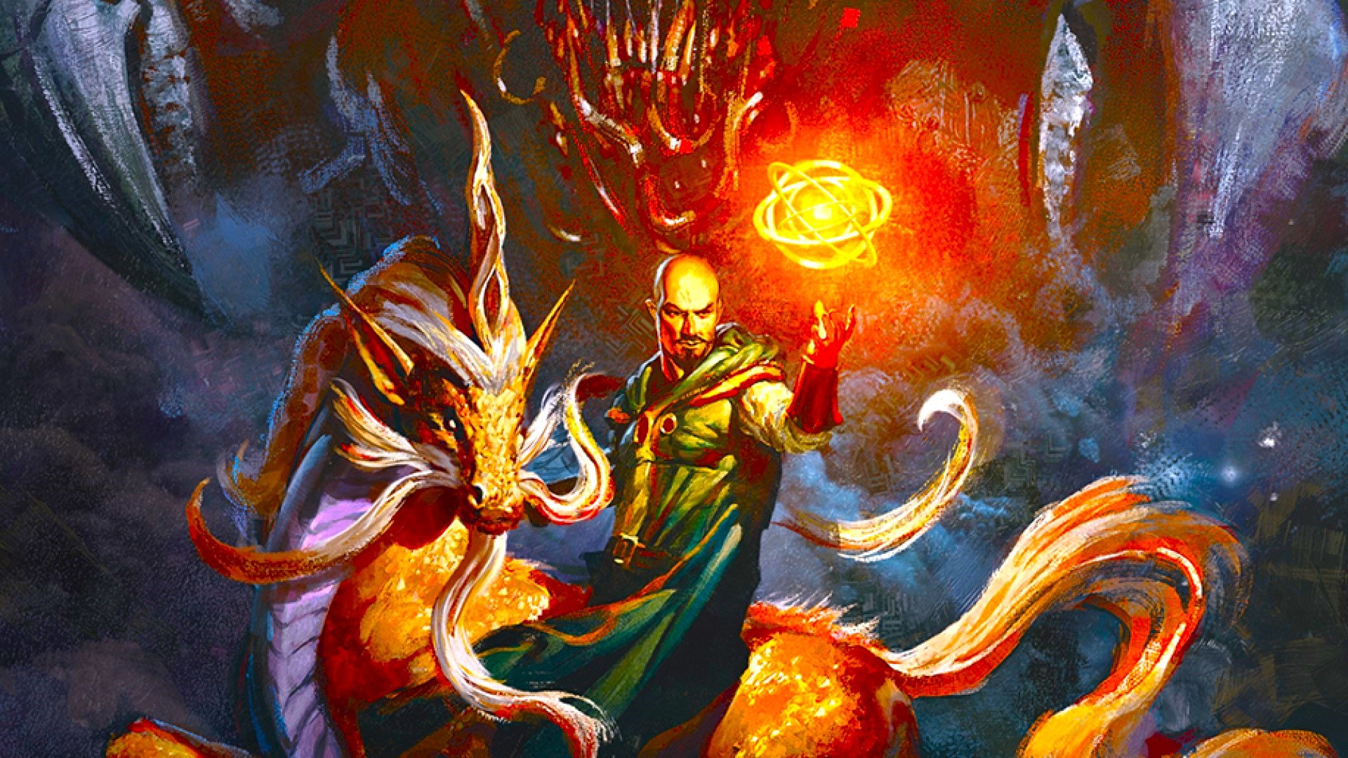 DnD hold person 5e - a bald man in green robes rides a creature that looks like it's a unicorn crossed with a dragon, and he casts a golden ball of magic with his right hand