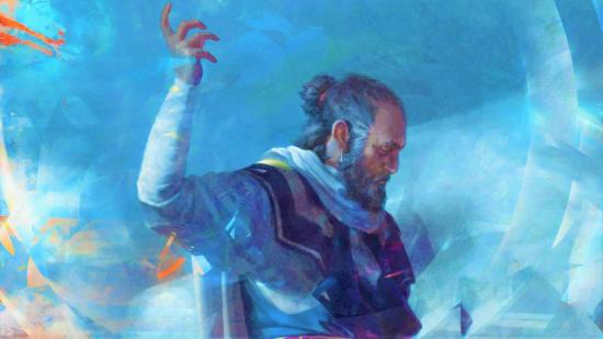 DnD hold person 5e - an old man with greyed hair tied back in a bun and blue robes lifts a hand to the air while looking away.