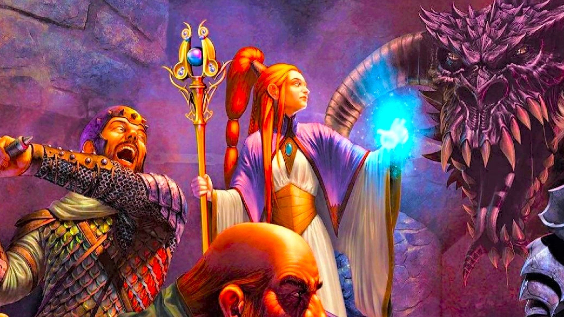 DnD hold person 5e - three fanatsy adventurers; the top of a ginger dwarf's head, a white human male in armour, and a ginger female wizard holding a staff and casting a magical blue flame