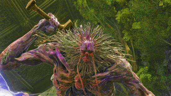 A large, troll-like creature with blotchy purple skin stretched over its bones and a twig-like mane surrounding its face draws a sword from behind its back