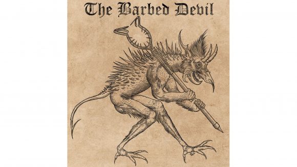 DnD monster manual medieval- woodcut print style artwork of a barbed devil