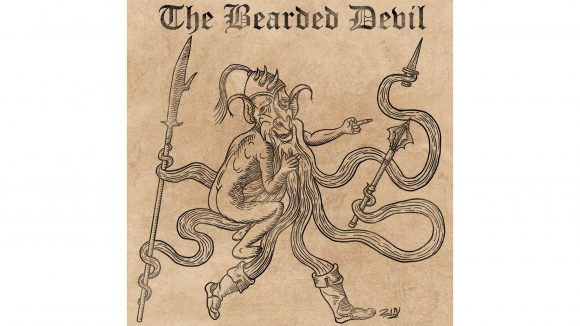 DnD monster manual medieval- woodcut print style artwork of a bearded devil