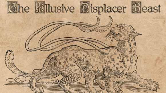 DnD monster manual medieval- woodcut print style artwork of a displacer beast