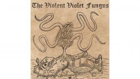 DnD monster manual medieval- woodcut print style artwork of a violet fungus
