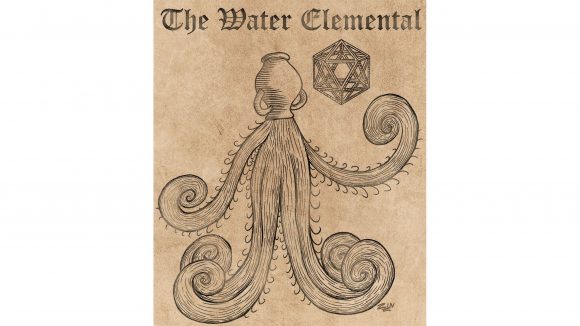 DnD monster manual medieval- woodcut print style artwork of a water elemental
