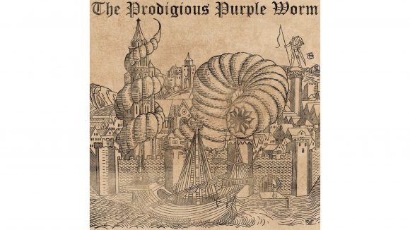 DnD monster manual medieval- woodcut print style artwork of a purple wurm