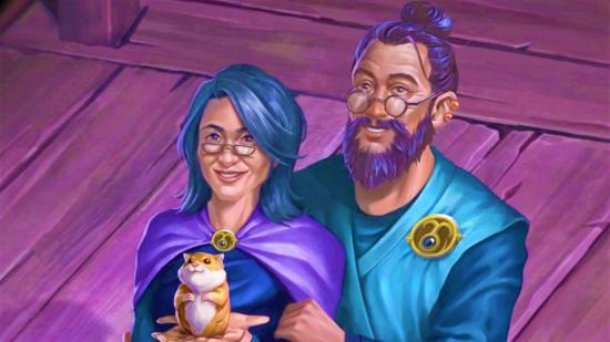 DnD Spelljammer - an old man holds an old woman, who cups a golden hamster in her hands