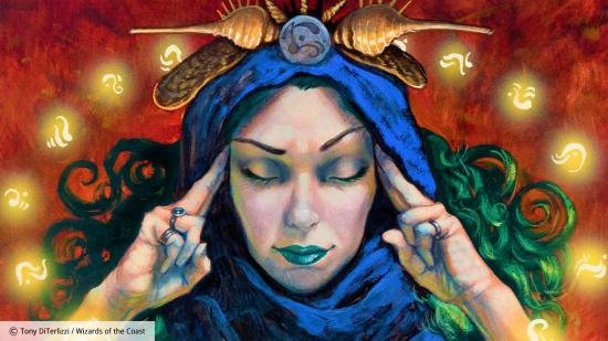Magic The Gathering card art for Brainstorm, showing a woman in a blue headscarf with curly black hair closing her eyes, smiling, and touching her fingers to her temples