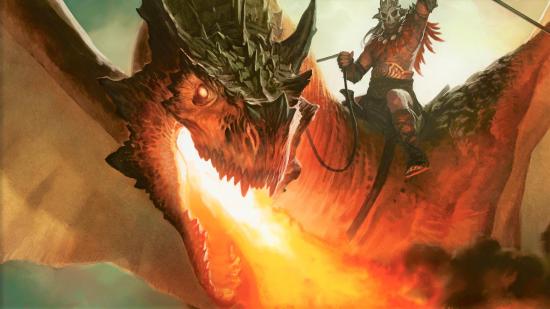 Magic the Gathering dragons - a humanoid riding a fire-breathing dragon.
