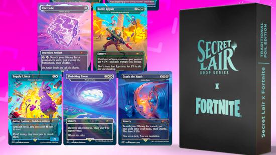 MTG spoilers fortnite secret lair cards - Wizards promotional photo showing five of the Fortnite Secret Lair cards and the Secret Lair logo