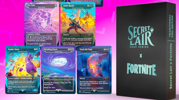 MTG spoilers fortnite secret lair cards - Wizards promotional photo showing five of the Fortnite Secret Lair cards and the Secret Lair logo