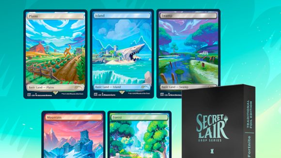 MTG spoilers fortnite secret lair cards - Wizards promotional photo showing the five Fortnite themed Land cards