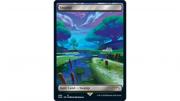 MTG spoilers fortnite secret lair cards - Wizards promotional photo showing the Land card Swamp