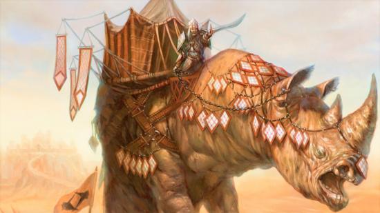 Magic The Gathering Historic Explorer - a large rhino creature with a person riding it.